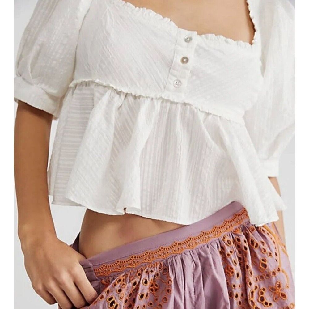 Free People Leave It To Me Babydoll Top Blouse  Puff Sleeves in Ivory Size Small - Picture 2 of 10
